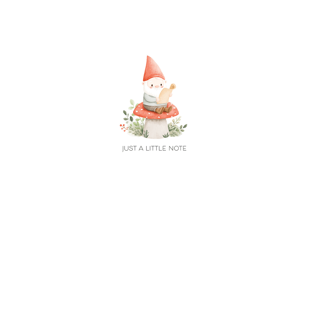 Gnome blank note card from Cardmore, featuring whimsical gnome illustration, perfect for everyday greeting or note cards.